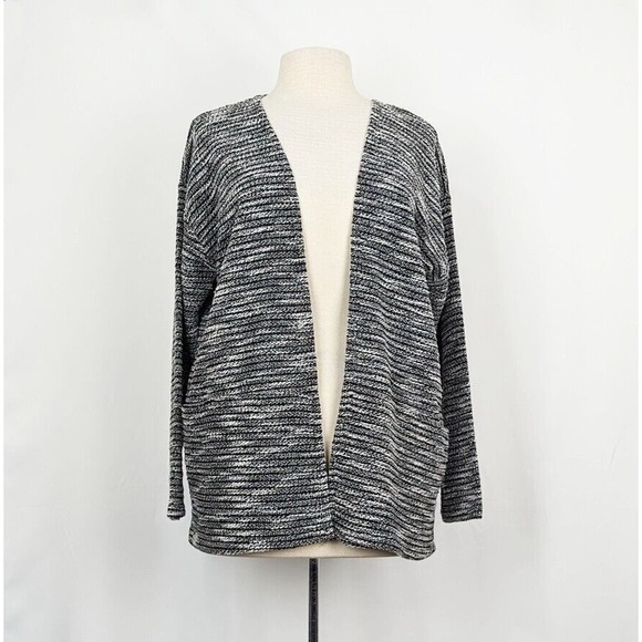 ManaM Cardigan Sweater Black White Cotton Blend Open Front Misses Size L - Picture 1 of 6